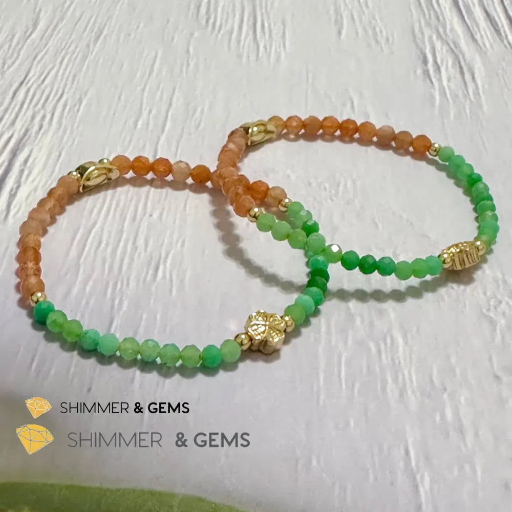 Happy Mood Lucky Bracelet (Sunstone & Chrysoprase 4mm Faceted with 14k Gold Plated Ingot & Clover Charms)