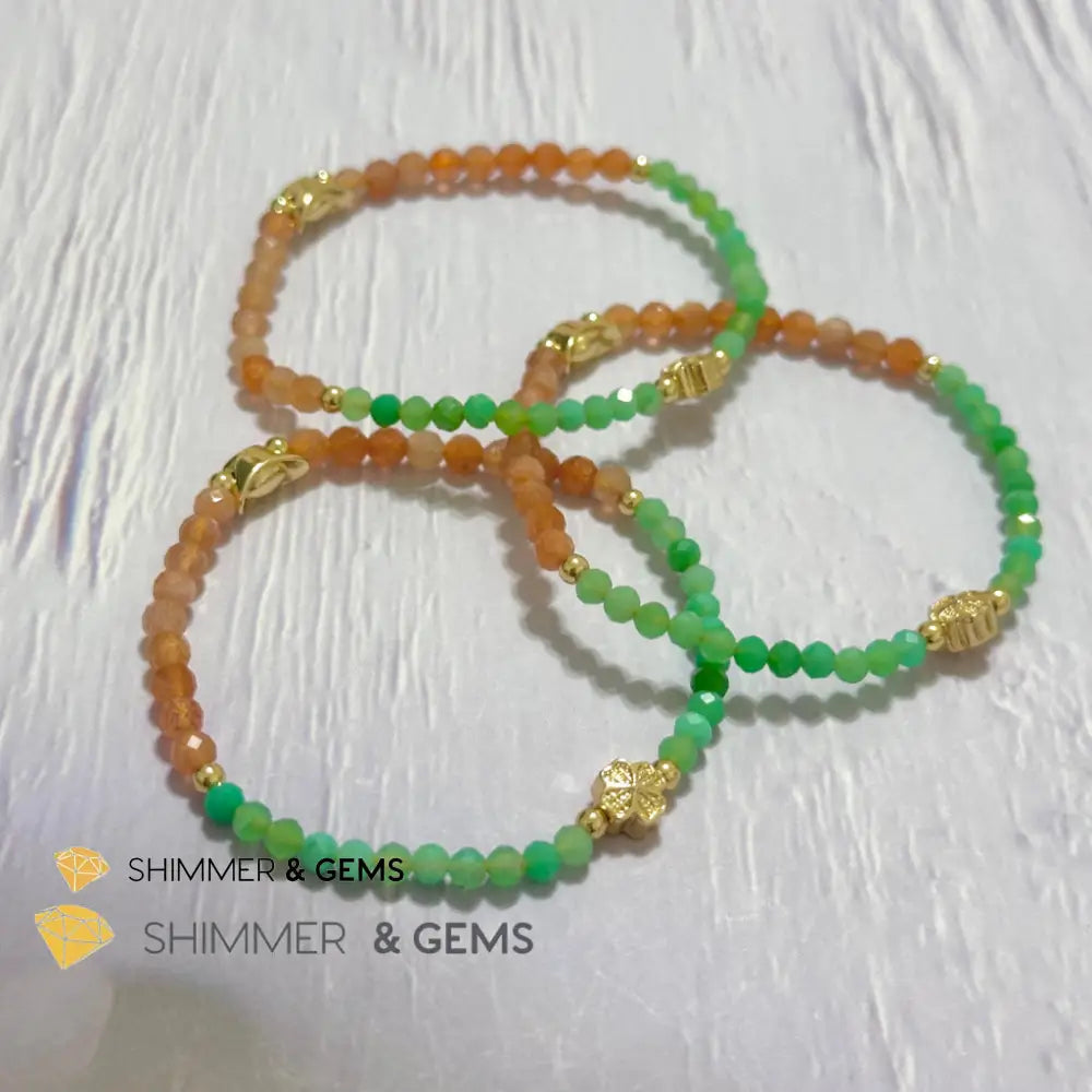 Happy Mood Lucky Bracelet (Sunstone & Chrysoprase 4mm Faceted with 14k Gold Plated Ingot & Clover Charms)