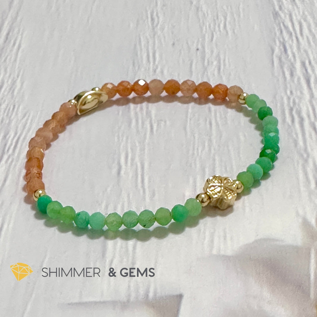 Happy Mood Lucky Bracelet (Sunstone & Chrysoprase 4mm Faceted with 14k Gold Plated Ingot & Clover Charms)