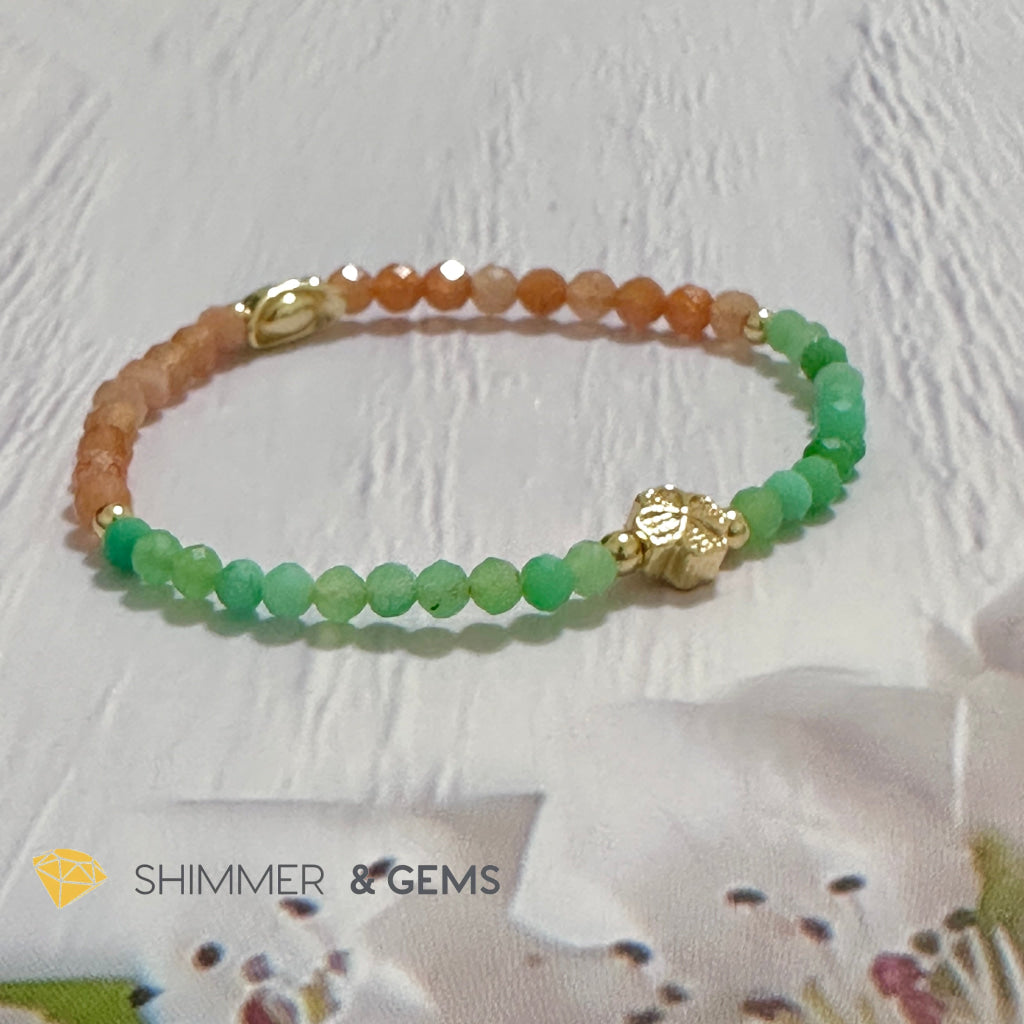 Happy Mood Lucky Bracelet (Sunstone & Chrysoprase 4mm Faceted with 14k Gold Plated Ingot & Clover Charms)