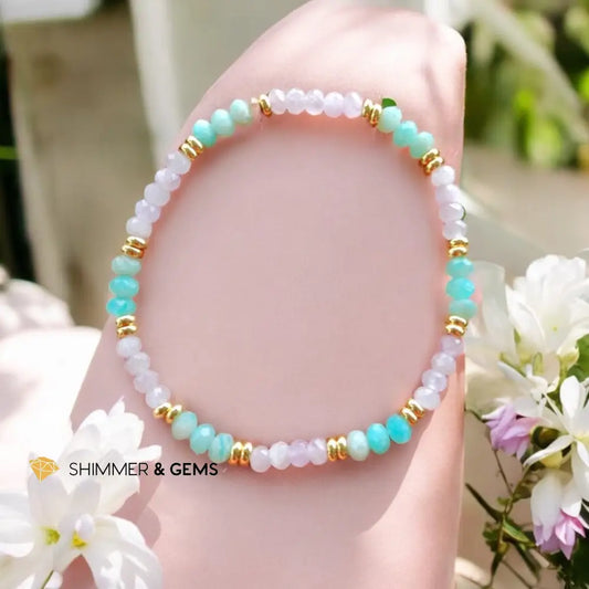 Healthy Heart Bracelet (Amazonite & Kunzite 3x4mm Rondelle) with Stainless Steel Beads 5.5” Bracelets