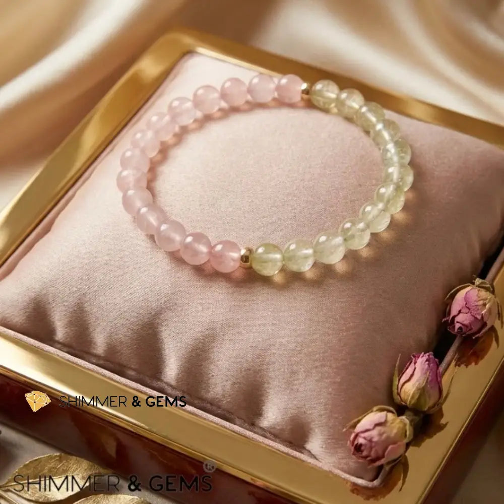 Heart Glow Bracelet (6mm Libyan Desert Glass · Rose Quartz) 14k Gold Filled - 6.0”