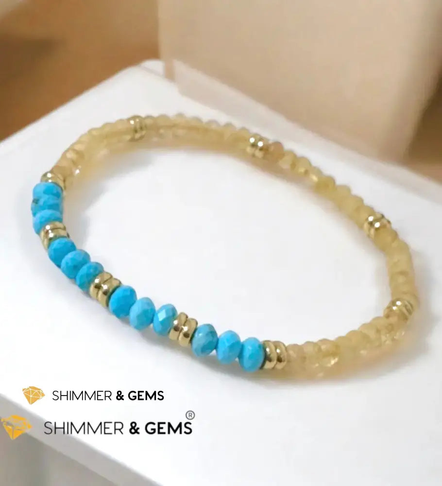 Honey Jade & Turquoise 3x4 Rondelle Bracelet with Stainless Steel Beads (Rare) - 5.5” - Bracelets
