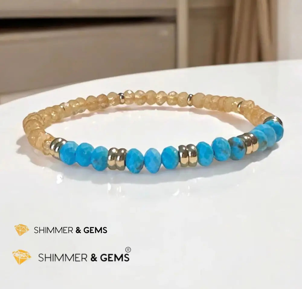 Honey Jade & Turquoise 3x4 Rondelle Bracelet with Stainless Steel Beads (Rare) - 6.0” - Bracelets