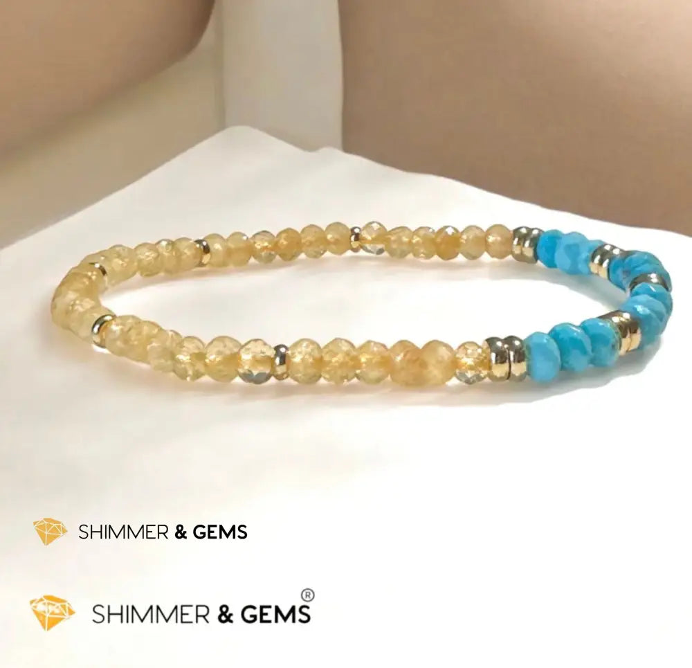 Honey Jade & Turquoise 3x4 Rondelle Bracelet with Stainless Steel Beads (Rare) - 6.5” - Bracelets