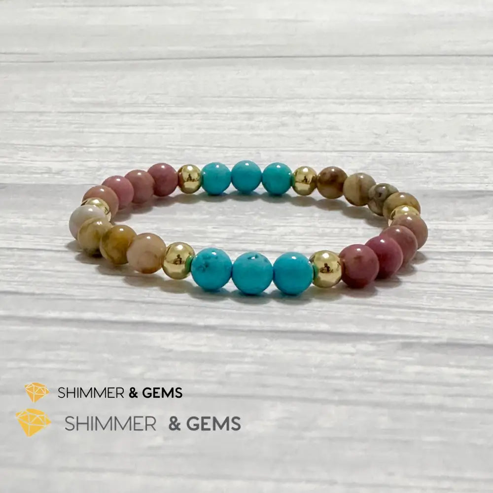 Karma Cleansing Remedy Bracelet (Crazy Lace Agate Turquoise Rhodonite 6mm +14k gold filled) 5.5”
