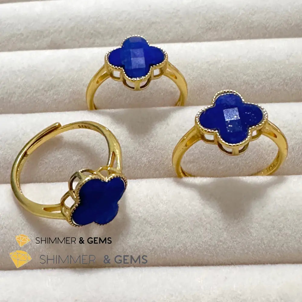 Lapis Lazuli Clover 925 Silver Goldplated Ring 7.5 carats Adjustable Ring (10mm) Rings