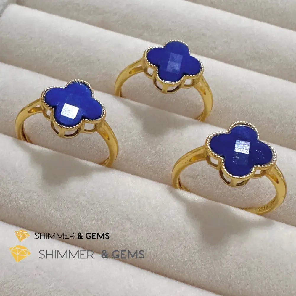 Lapis Lazuli Clover 925 Silver Goldplated Ring 7.5 carats Adjustable Ring (10mm) Rings
