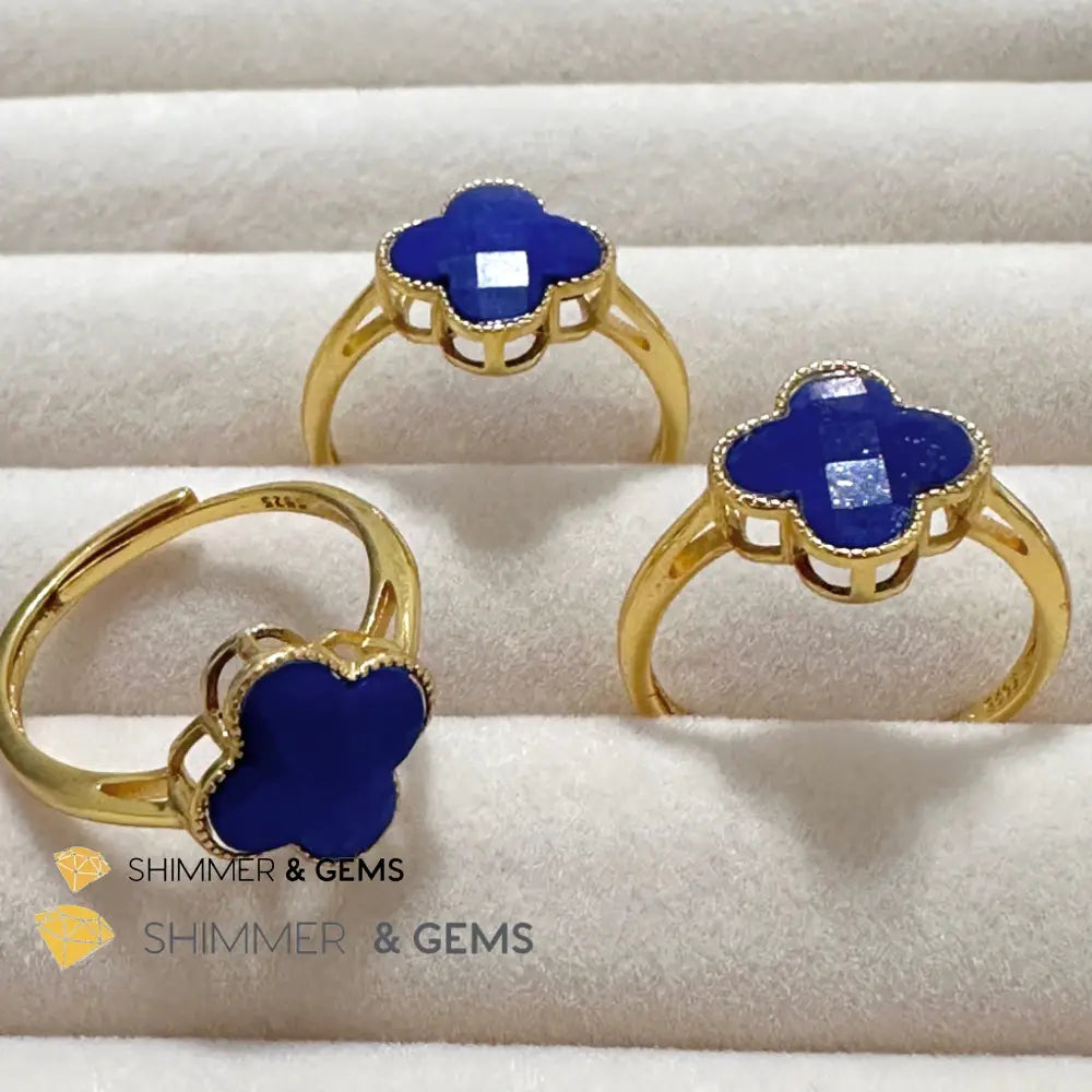 Lapis Lazuli Clover 925 Silver Goldplated Ring 7.5 carats Adjustable Ring (10mm) Rings