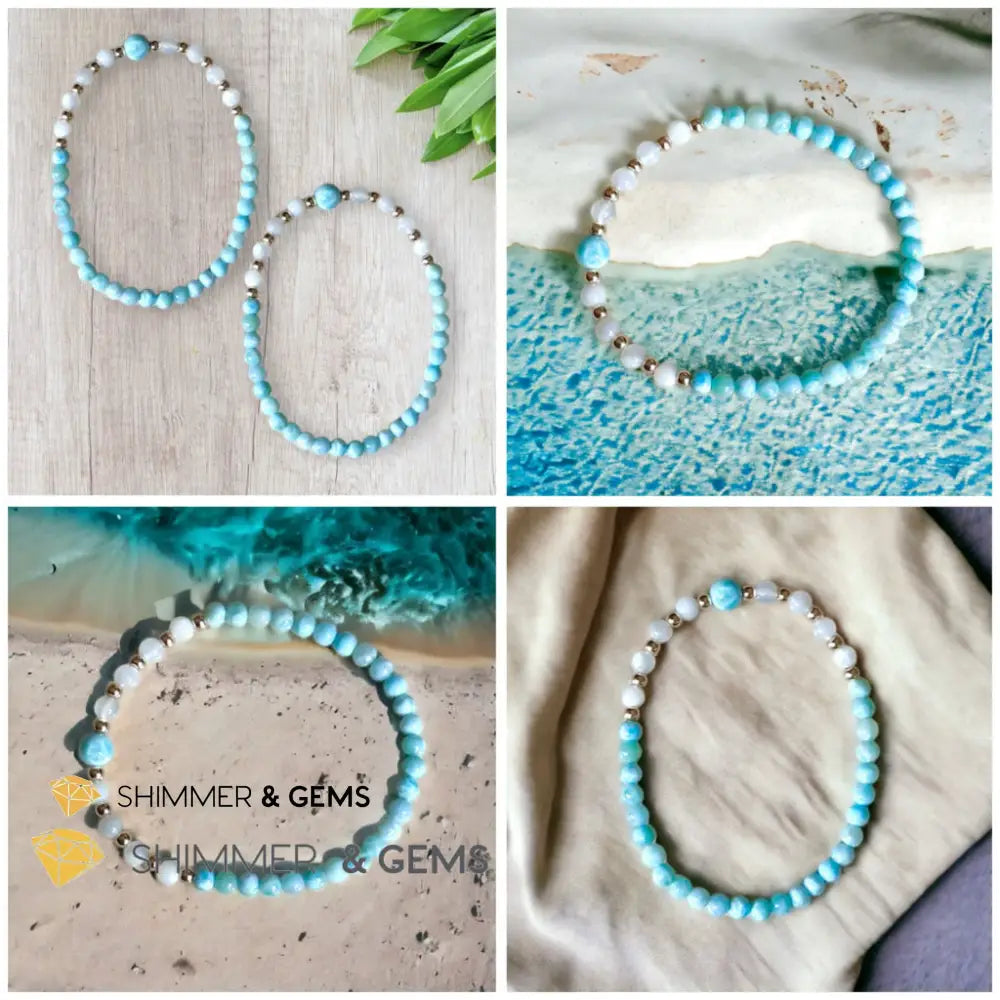 Larimar & Moonstone Dainty 4mm Bracelet with 14k gold filled (AAA Grade) 5.5” Bracelets