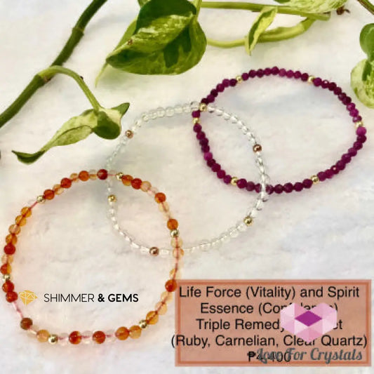 Life Force (Vitality) and Spirit Essence (Confidence) Triple Remedy Bracelet- Ruby Carnelian Clear Quartz (Shimmer &
