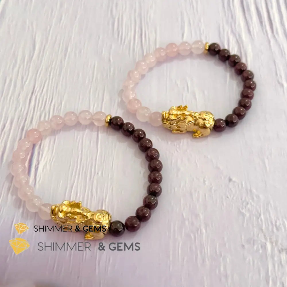 Luck in Love Pixiu Bracelet (Rose Quartz and Garnet 6mm)Stainless Steel Pixiu