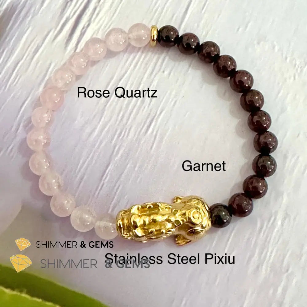 Luck in Love Pixiu Bracelet (Rose Quartz and Garnet 6mm)Stainless Steel Pixiu