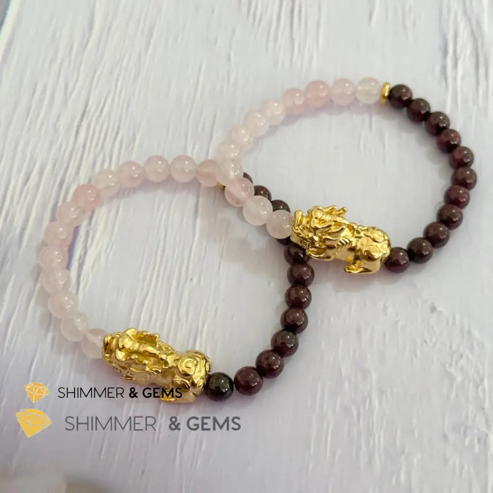 Luck in Love Pixiu Bracelet (Rose Quartz and Garnet 6mm)Stainless Steel Pixiu
