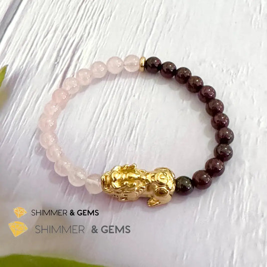 Luck in Love Pixiu Bracelet (Rose Quartz and Garnet 6mm)Stainless Steel Pixiu
