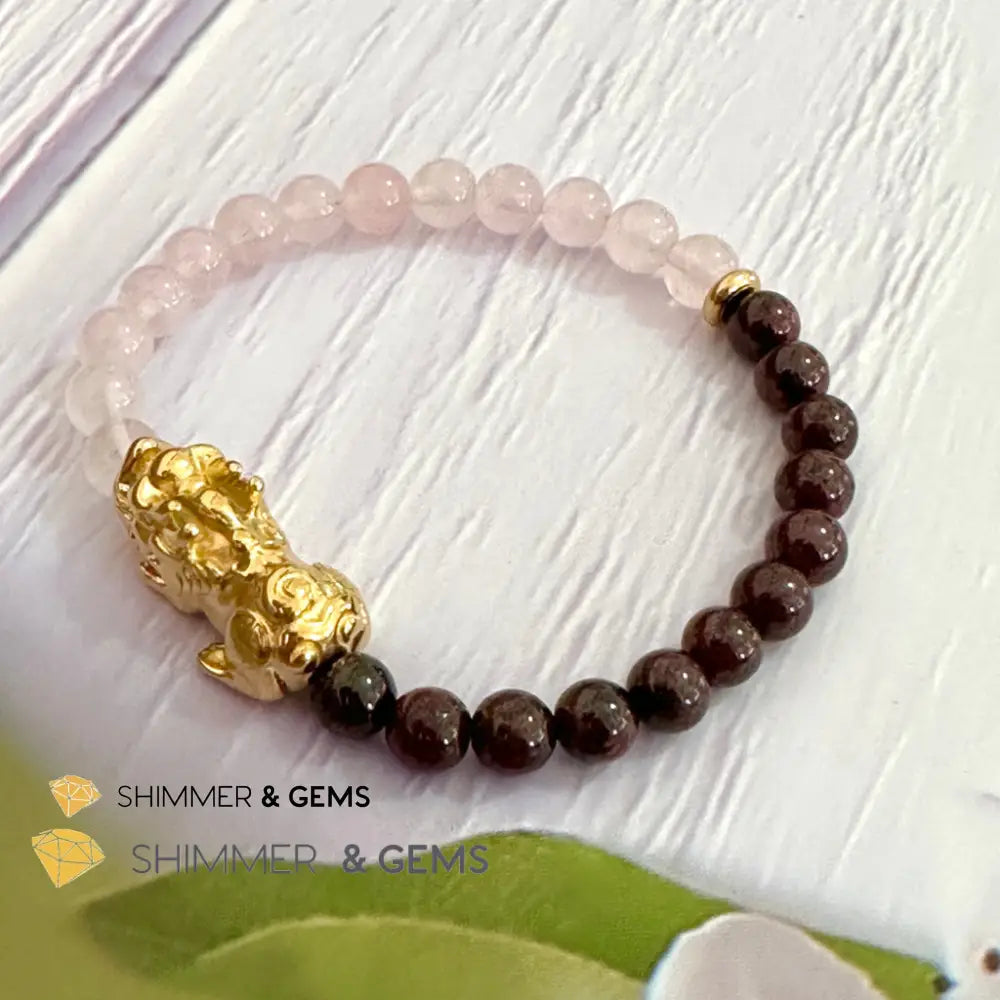 Luck in Love Pixiu Bracelet (Rose Quartz and Garnet 6mm)Stainless Steel Pixiu