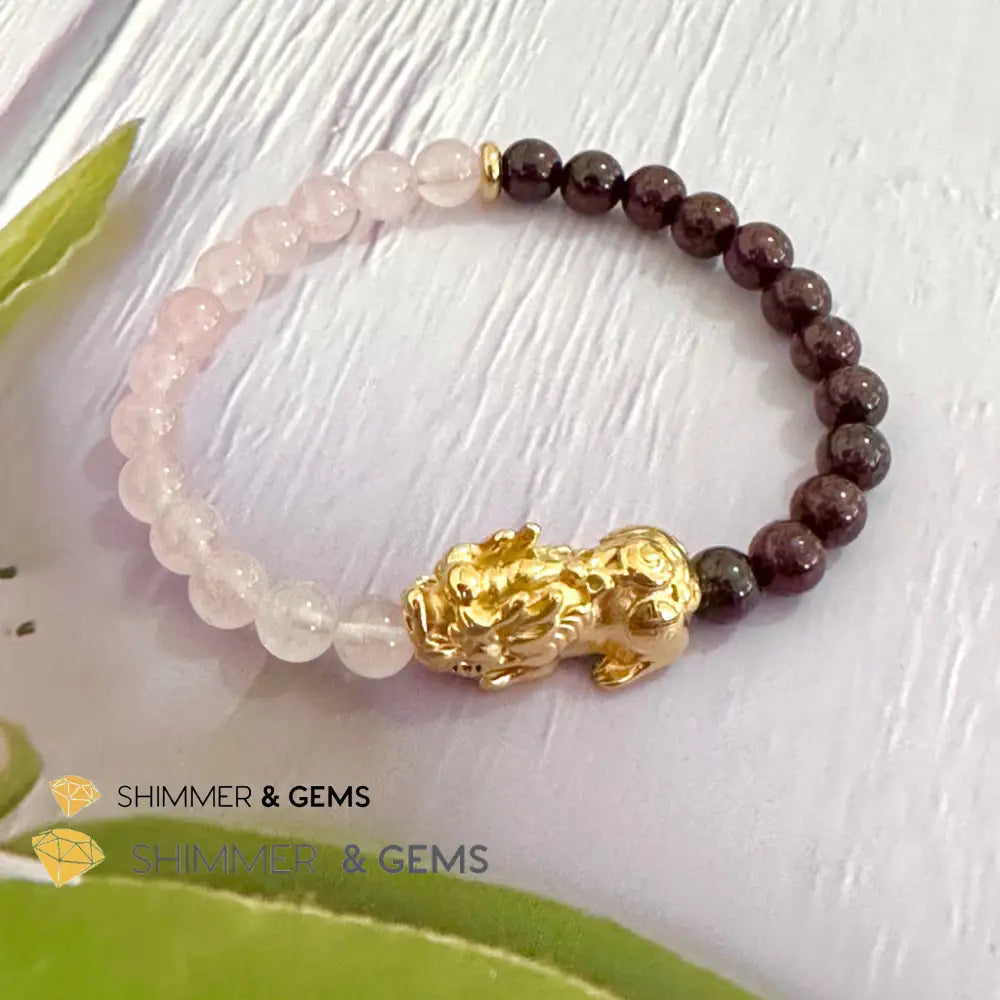Luck in Love Pixiu Bracelet (Rose Quartz and Garnet 6mm)Stainless Steel Pixiu 5.5”