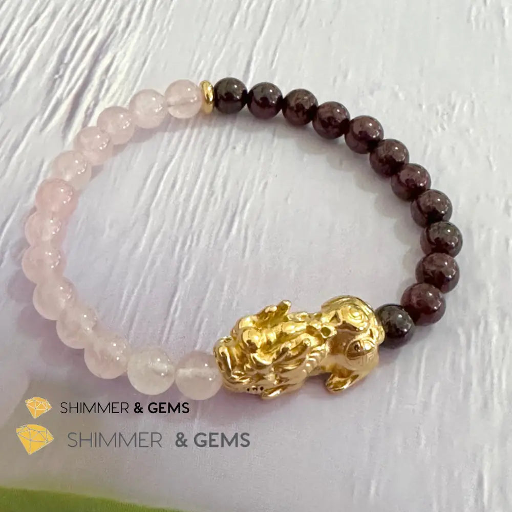 Luck in Love Pixiu Bracelet (Rose Quartz and Garnet 6mm)Stainless Steel Pixiu 6”