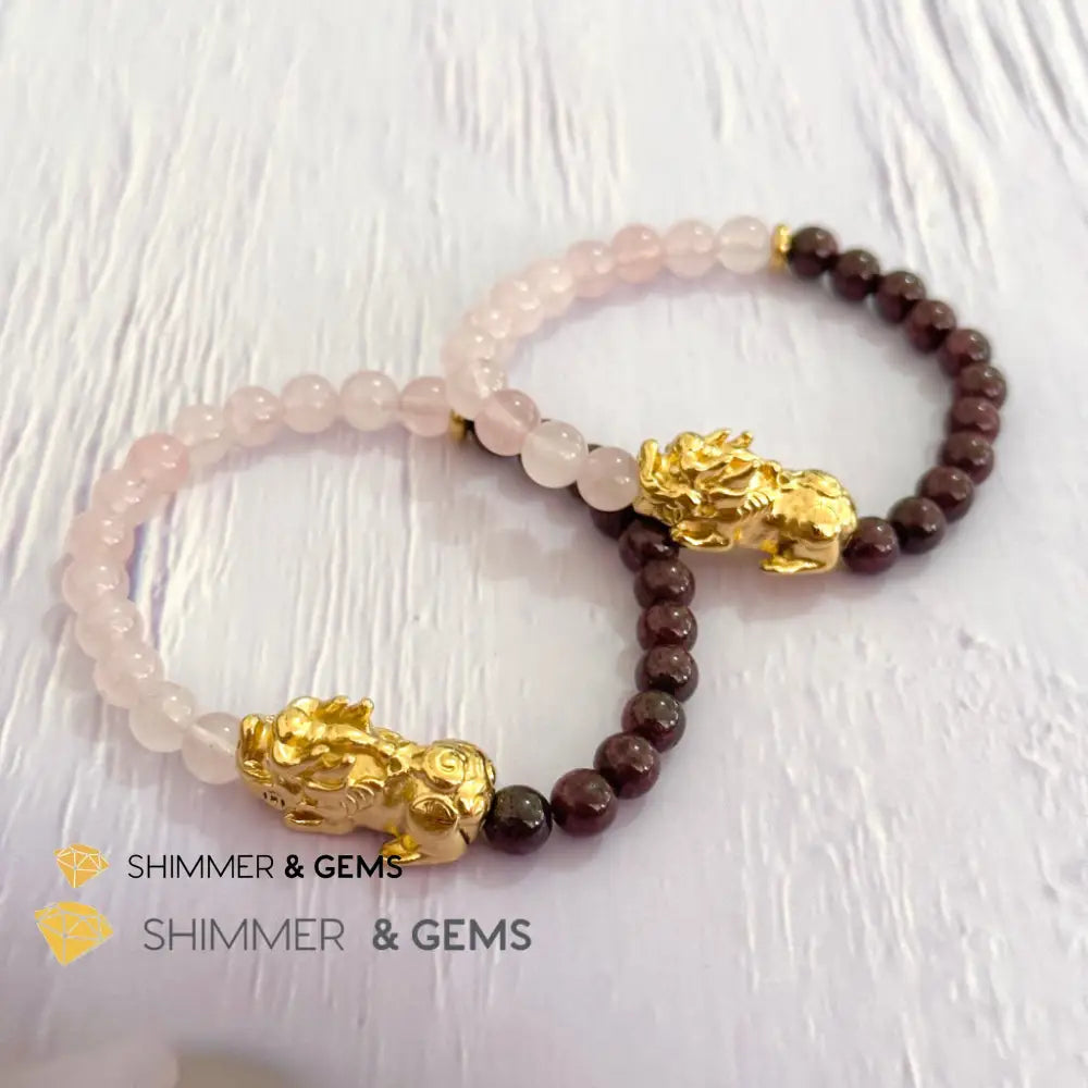 Luck in Love Pixiu Bracelet (Rose Quartz and Garnet 6mm)Stainless Steel Pixiu