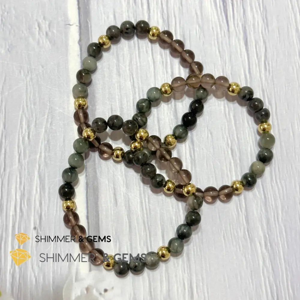 Magic and Protection Remedy Bracelet (Hawk’s Eye Smoky Quartz & Black Moonstone 6mm +14k gold filled) 5.5”