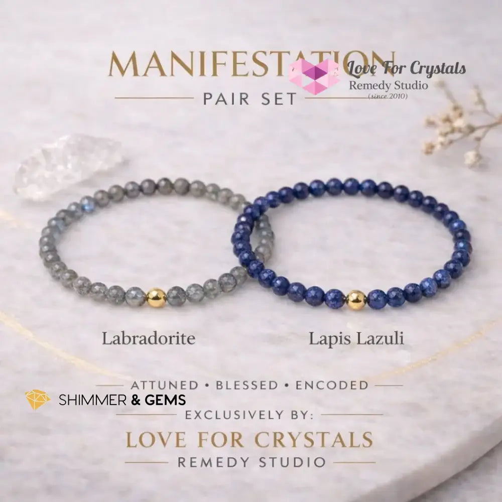 Manifestation Duo Bracelet Set (4mm Lapis Lazuli & Labradorite with 14k gold filled bead) Encoded & Attuned