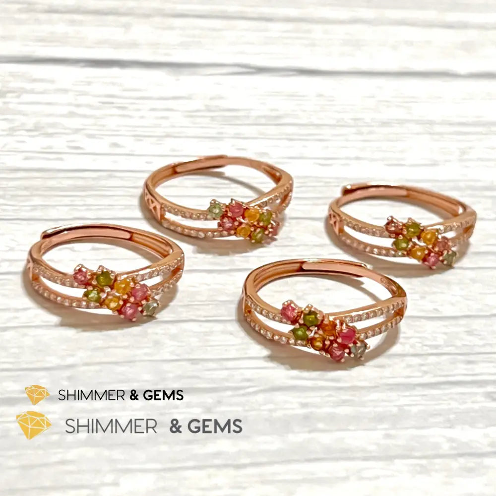 Mixed Tourmaline (Watermelon Tourmaline) Double Line Rose Gold 925 Silver Ring