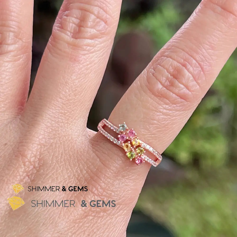 Mixed Tourmaline (Watermelon Tourmaline) Double Line Rose Gold 925 Silver Ring