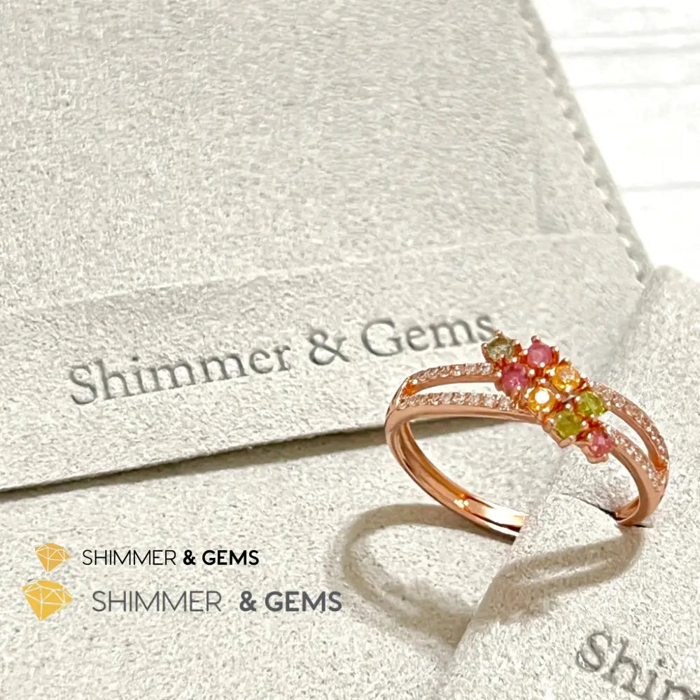 Mixed Tourmaline (Watermelon Tourmaline) Double Line Rose Gold 925 Silver Ring