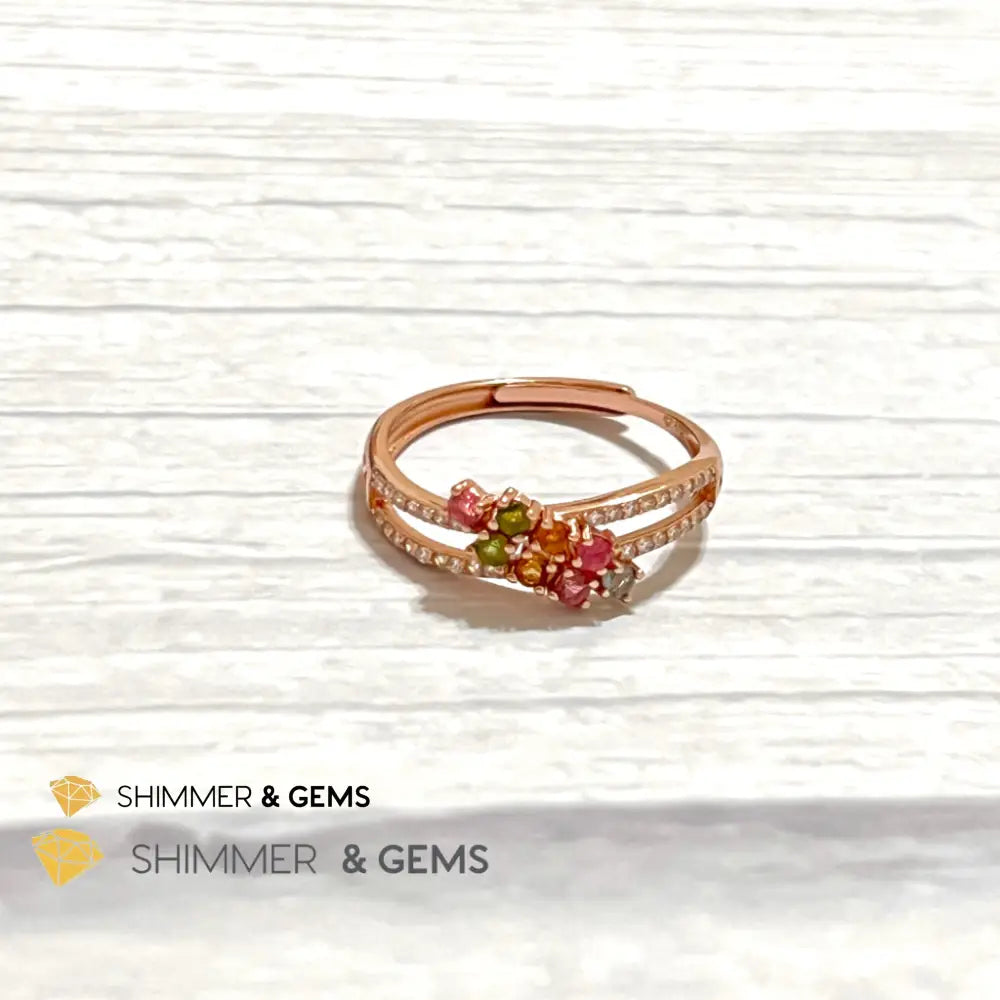 Mixed Tourmaline (Watermelon Tourmaline) Double Line Rose Gold 925 Silver Ring