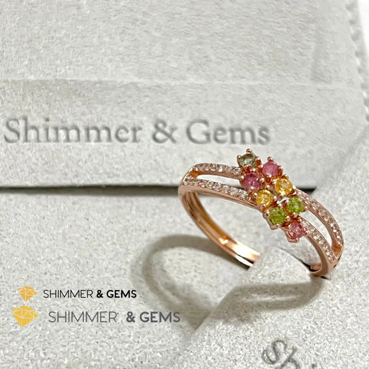 Mixed Tourmaline (Watermelon Tourmaline) Double Line Rose Gold 925 Silver Ring