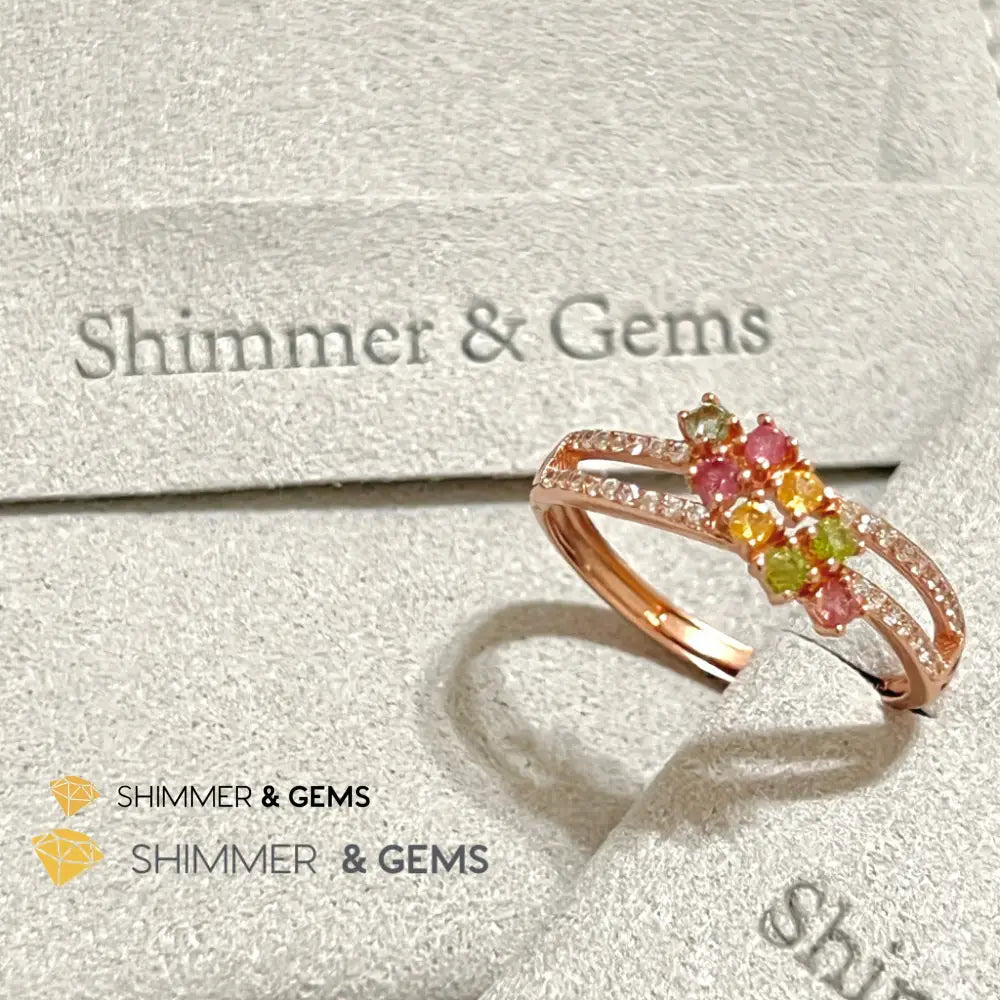 Mixed Tourmaline (Watermelon Tourmaline) Double Line Rose Gold 925 Silver Ring Adjustable Size