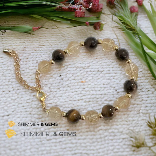 Money Booster 8mm Bracelet with stainless steel beads and chain (Citrine & Tiger’s Eye) Adjustable size (5.5”-7”)