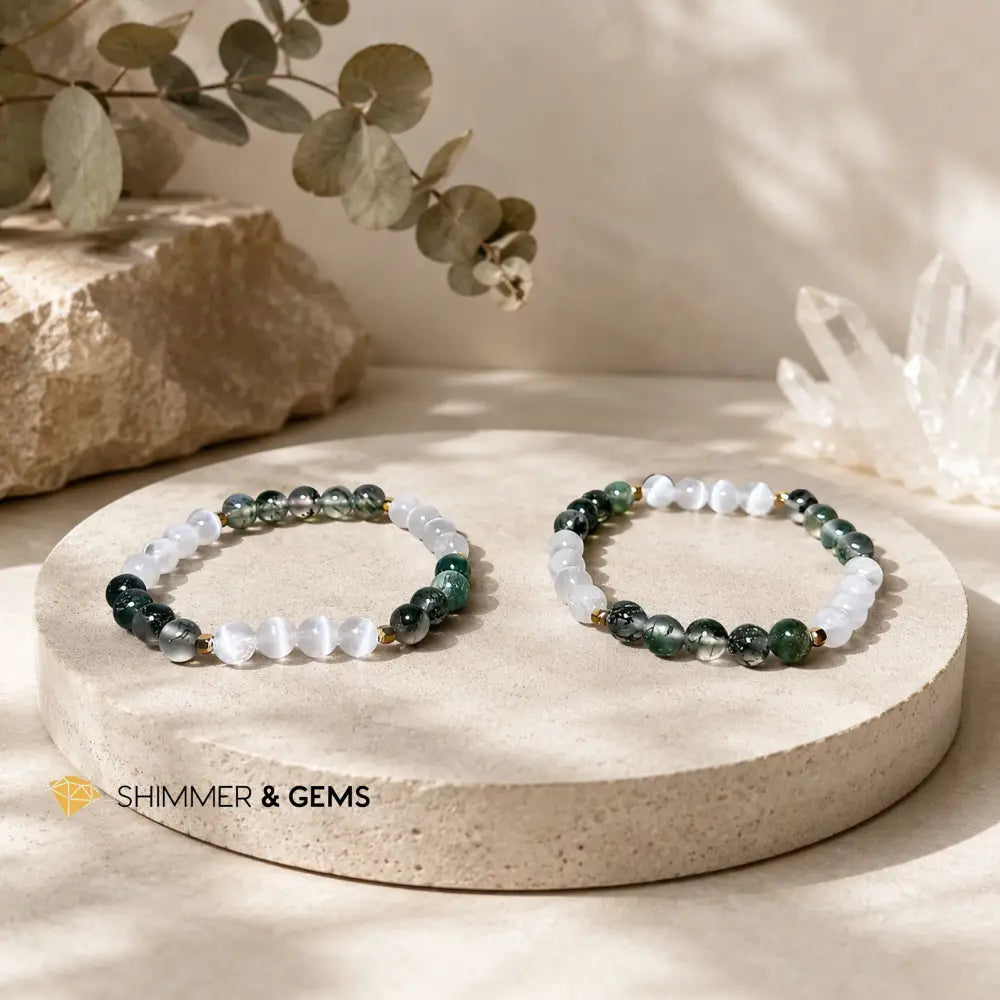Money Flow (Moss Agate & Selenite) 6mm Bracelet