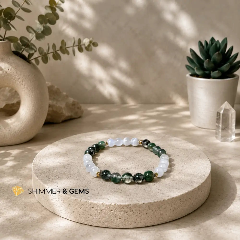 Money Flow (Moss Agate & Selenite) 6mm Bracelet