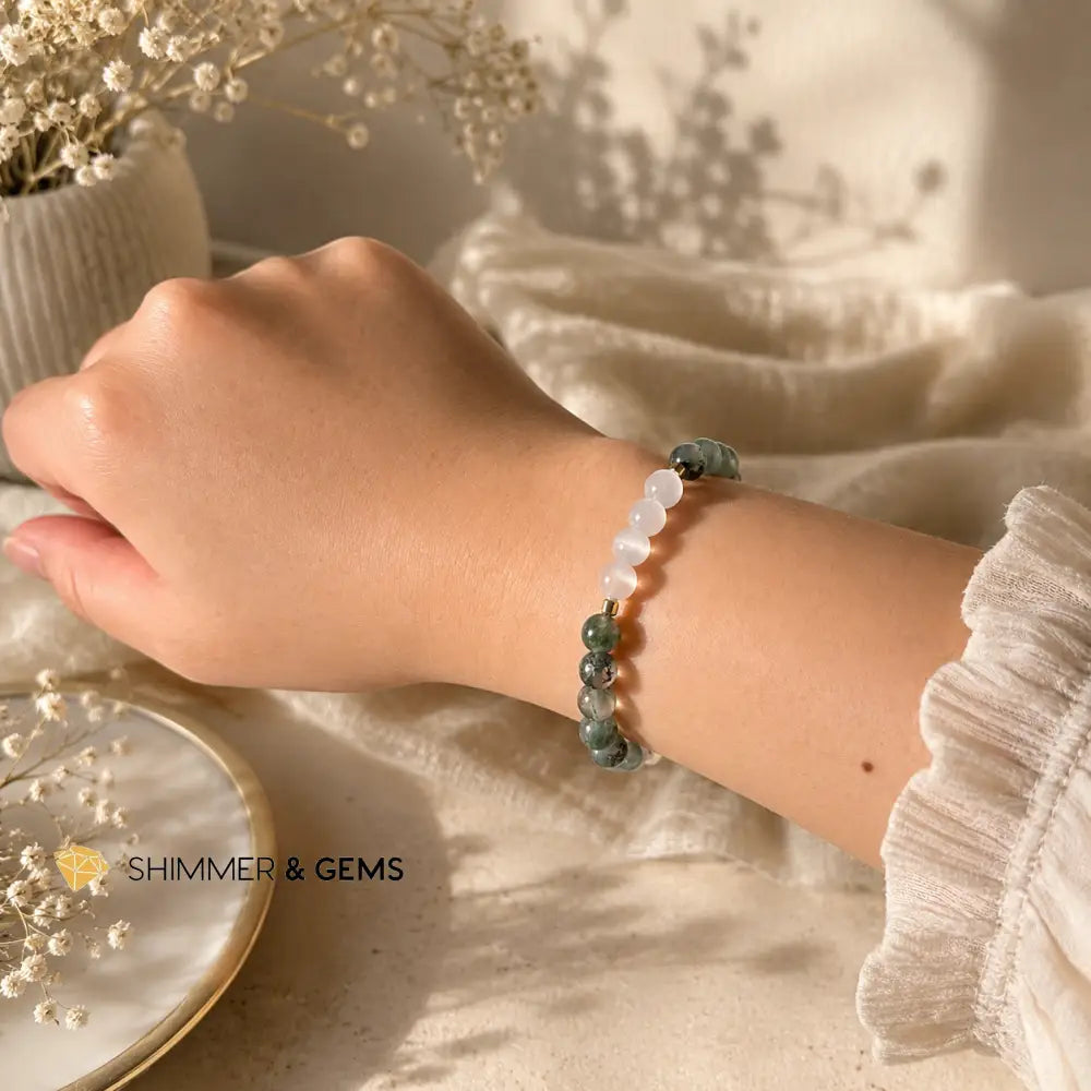 Money Flow (Moss Agate & Selenite) 6mm Bracelet