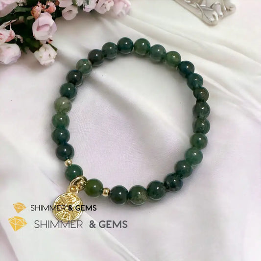 Money Grows Bracelet (Moss Agate 6mm with Lucky Coin Copper Charm) 5.5” Bracelets