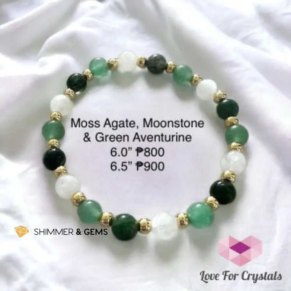 Moss Agate Green Aventurine & Moonstone with Stainless Steel Beads Bracelets