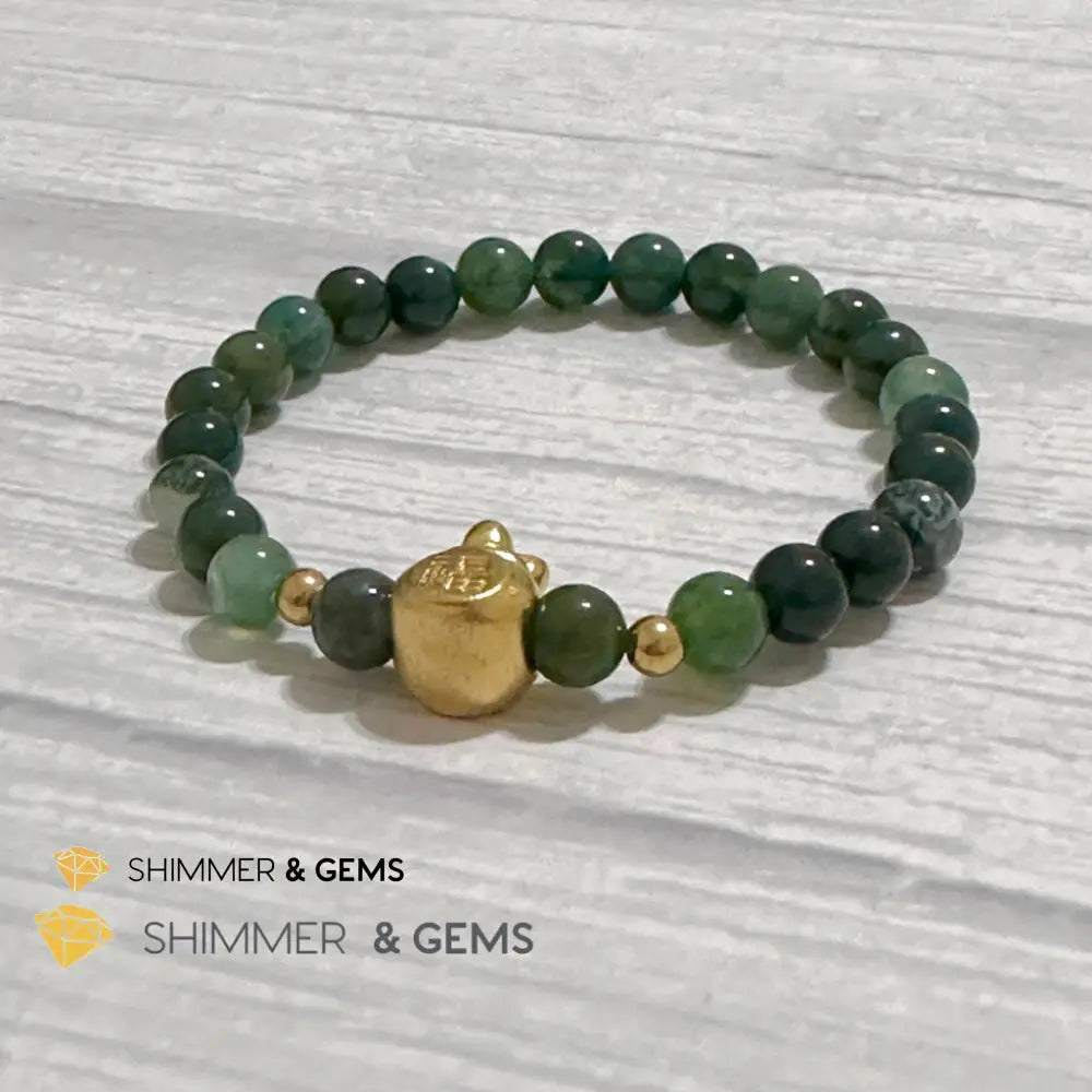 Moss Agate Money Bag Bracelet (6mm) 24K Gold Filled Brass