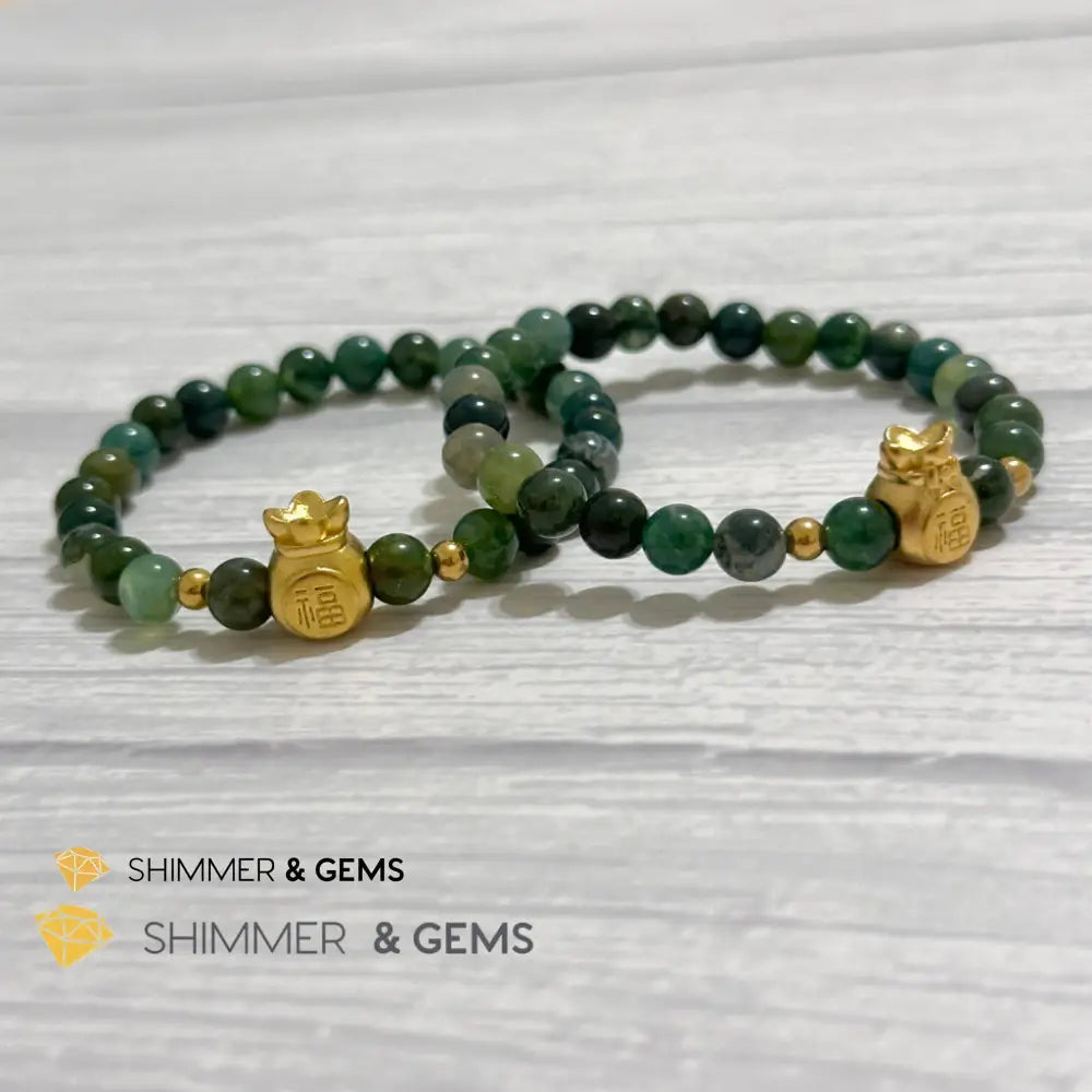 Moss Agate Money Bag Bracelet (6mm) 24K Gold Filled Brass
