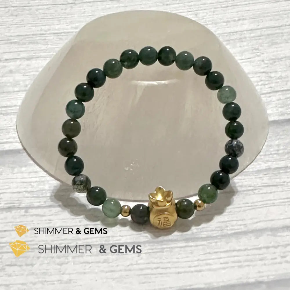 Moss Agate Money Bag Bracelet (6mm) 24K Gold Filled Brass