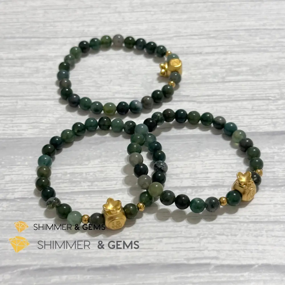 Moss Agate Money Bag Bracelet (6mm) 24K Gold Filled Brass