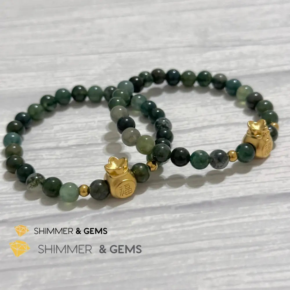Moss Agate Money Bag Bracelet (6mm) 24K Gold Filled Brass