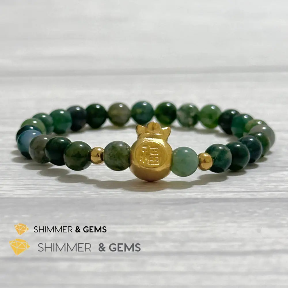 Moss Agate Money Bag Bracelet (6mm) 24K Gold Filled Brass 5.5”