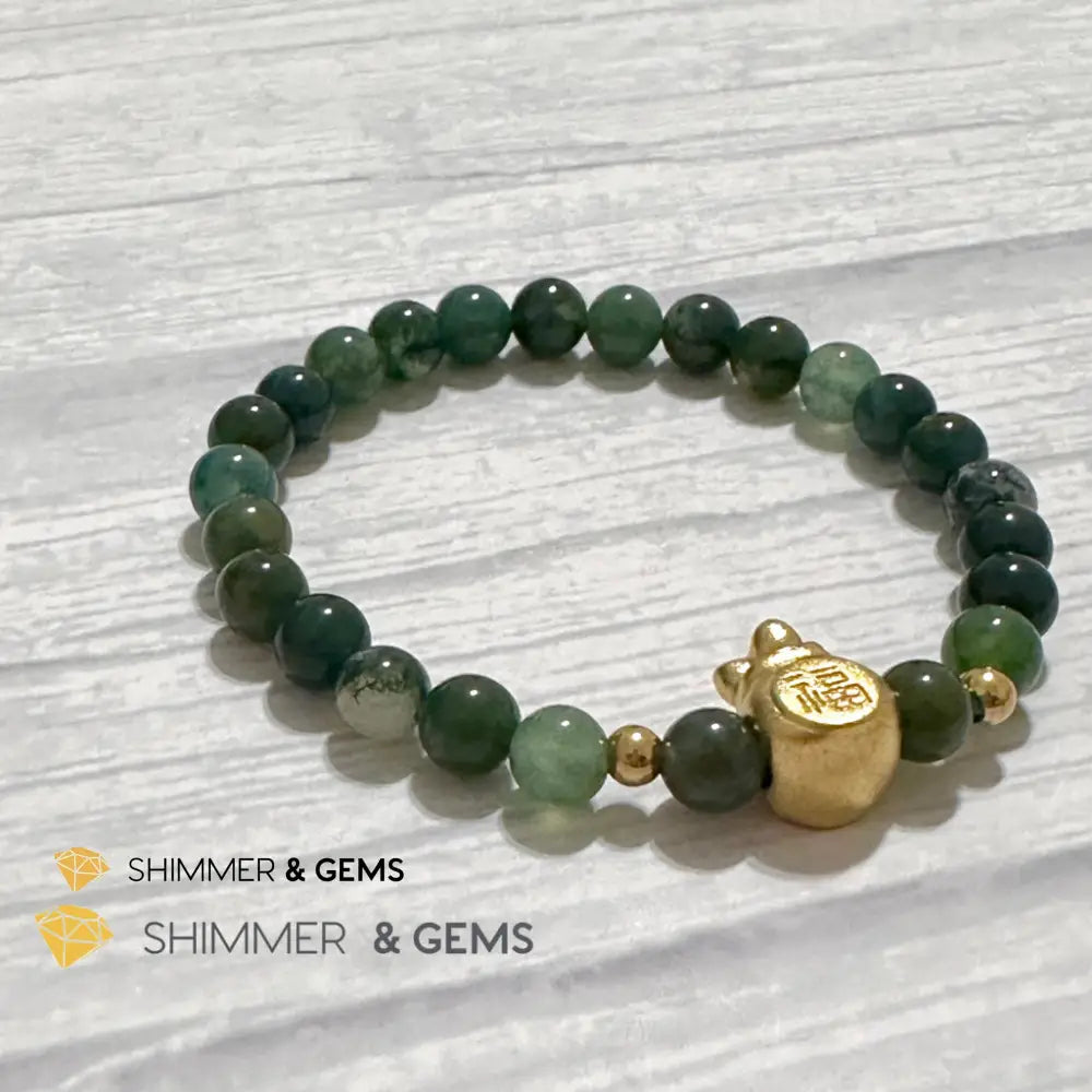 Moss Agate Money Bag Bracelet (6mm) 24K Gold Filled Brass
