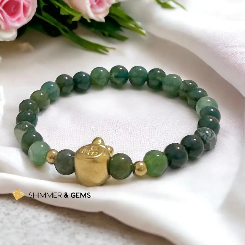 Moss Agate Money Bag Bracelet (6mm) 24K Gold Filled Brass