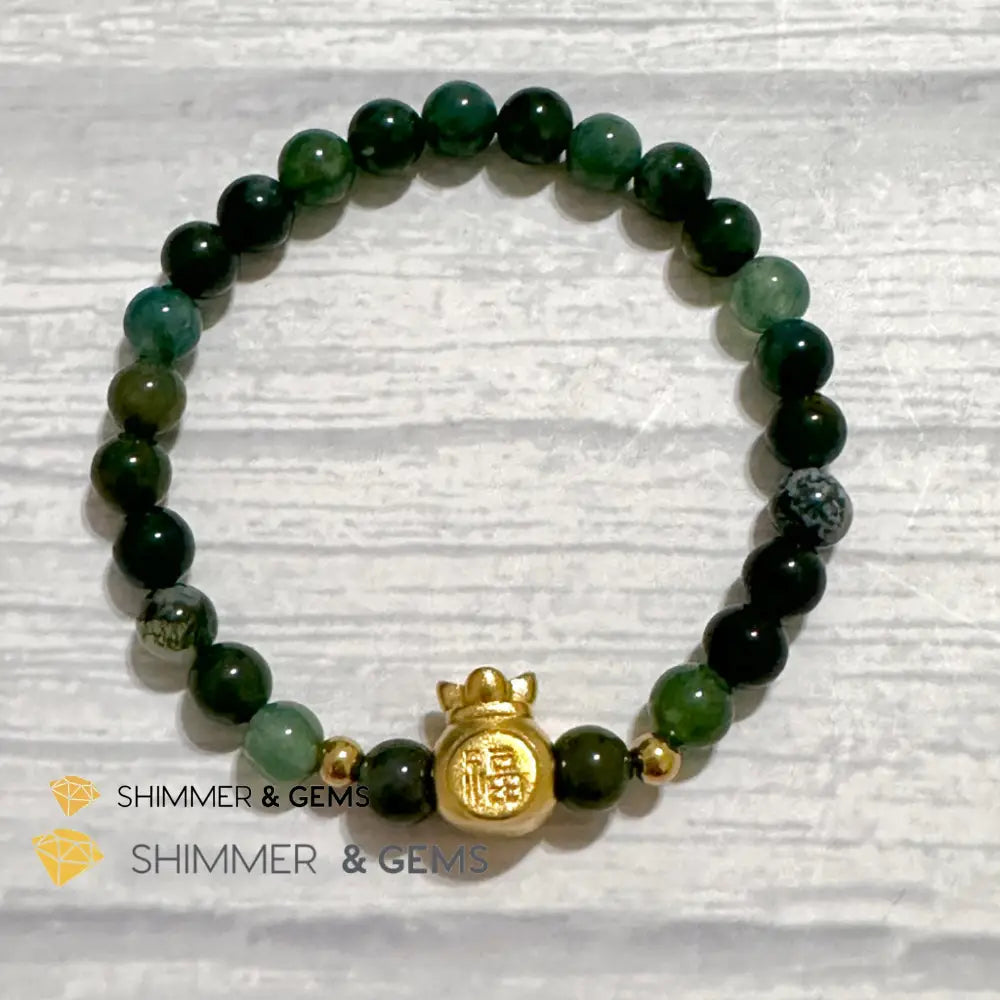 Moss Agate Money Bag Bracelet (6mm) 24K Gold Filled Brass