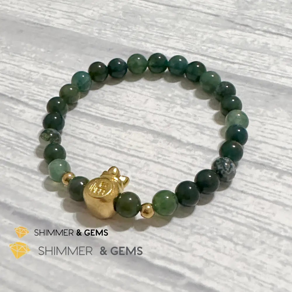 Moss Agate Money Bag Bracelet (6mm) 24K Gold Filled Brass