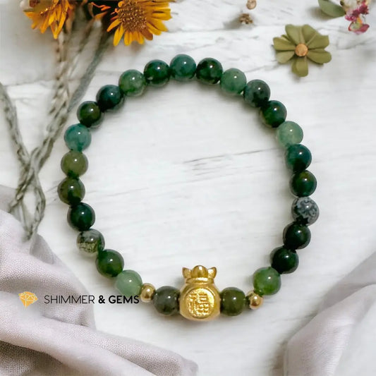 Moss Agate Money Bag Bracelet (6mm) 24K Gold Filled Brass