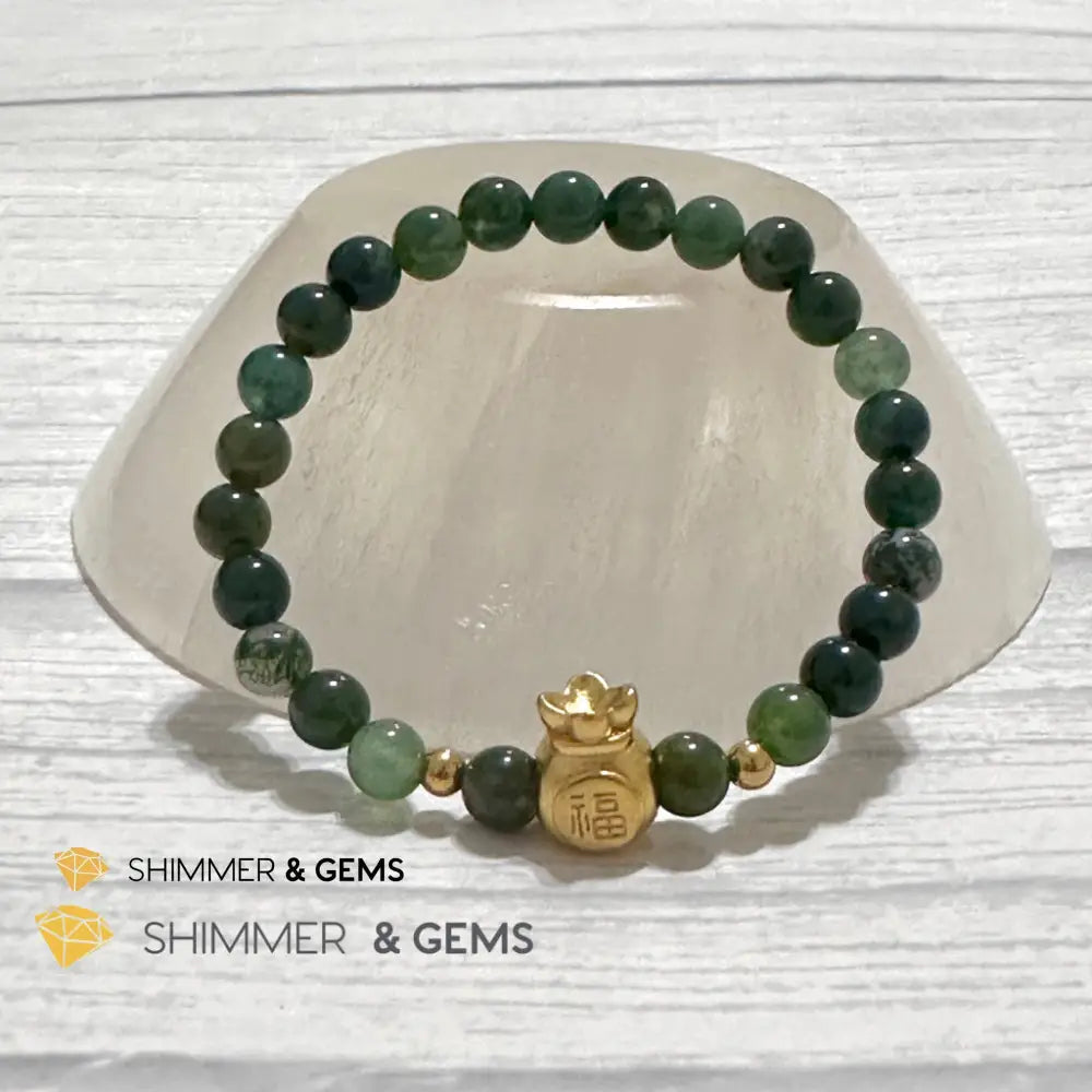 Moss Agate Money Bag Bracelet (6mm) 24K Gold Filled Brass