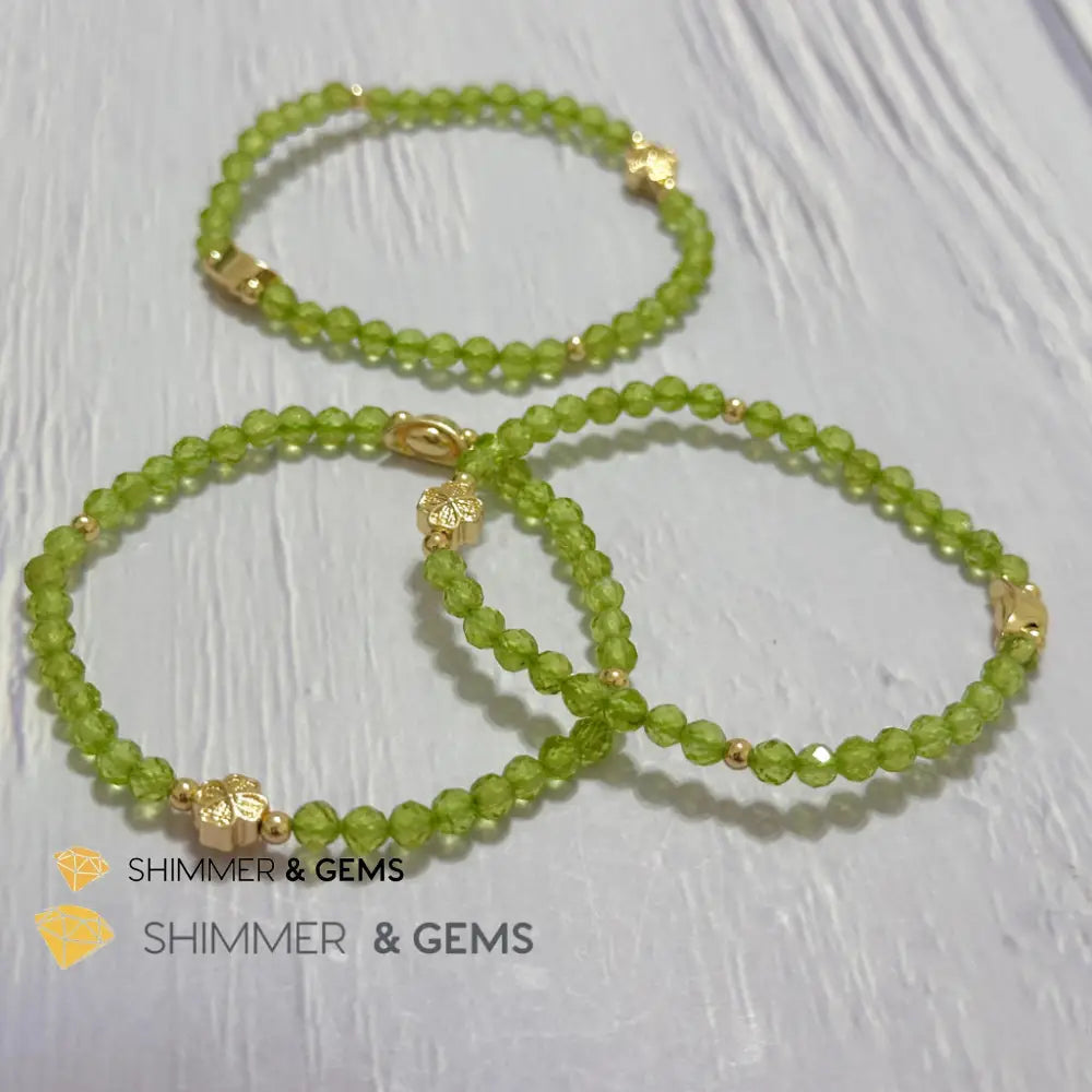 Peridot 4mm Faceted Bracelet (Money Magnet) with 14k Gold Plated Ingot & Clover Charms